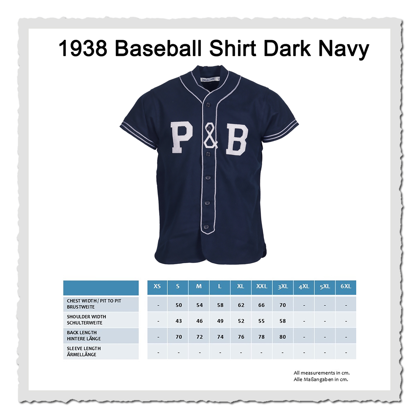 Größentabelle zum dunkelblauen Baseballshirt mit Produktabbildung auf hellem Hintergrund.